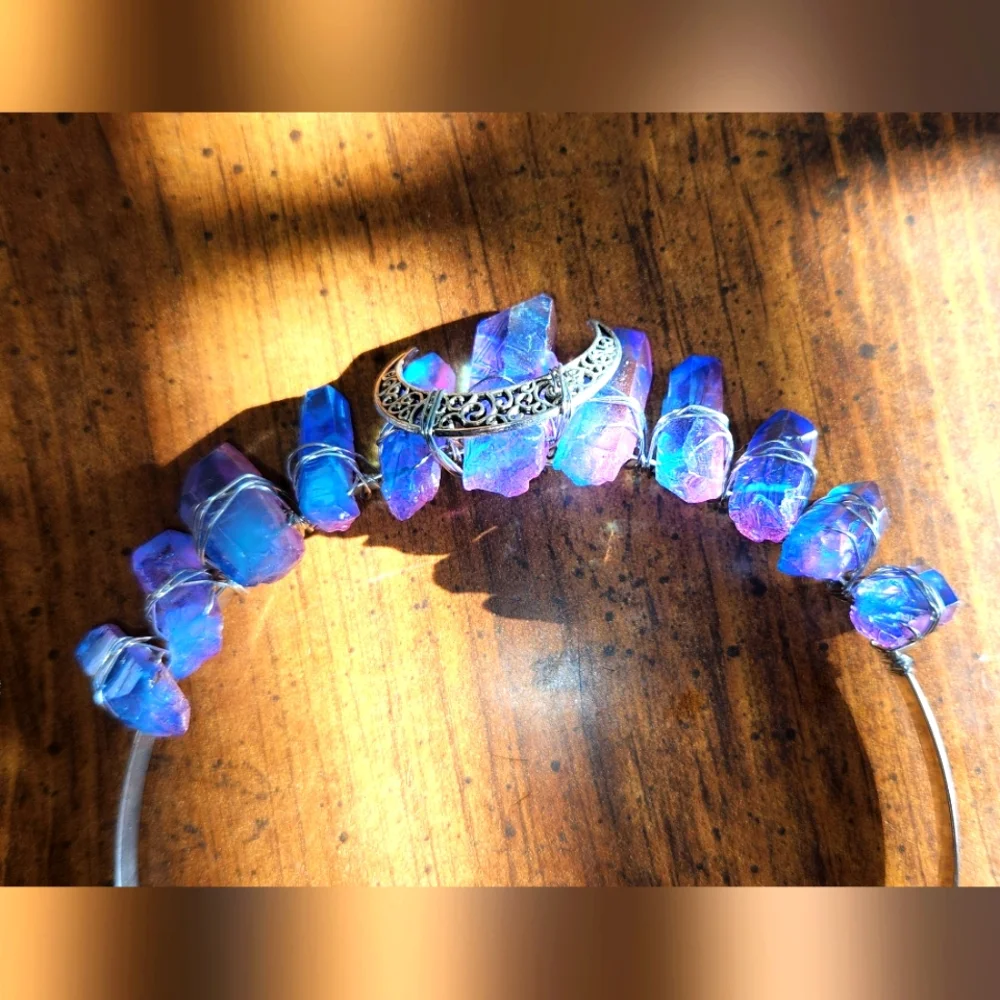 Ombre Violet & Blue Metal Double Terminated Quartz Moon Fairy Headband